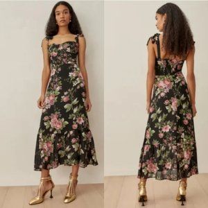 NWT Reformation Nikita Midi Dress Cottage Garden Floral Black Size 2